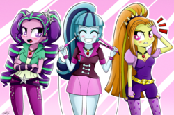Size: 1830x1214 | Tagged: safe, artist:riouku, adagio dazzle, aria blaze, sonata dusk, equestria girls, g4, my little pony equestria girls: rainbow rocks, adagio dazzle is not amused, alternate hairstyle, aria blaze is not amused, blushing, curling iron, cute, drill hair, flat iron, high ponytail, long hair, pigtails, ponytail, princess curls, sonatabetes, the dazzlings, twintails, unamused