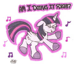 Size: 1500x1292 | Tagged: safe, artist:lekelbel, twilight sparkle, alicorn, pony, g4, dancing, do the sparkle, eyes closed, female, mare, music notes, solo, traditional art, twilight sparkle (alicorn)
