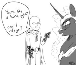 Size: 1484x1267 | Tagged: safe, artist:nobody, nightmare moon, g4, blushing, crossover, fangs, frown, glare, monochrome, one punch man, open mouth, pointing, saitama, smiling, this will end in death, this will end in one punch, this will end in tears and/or death