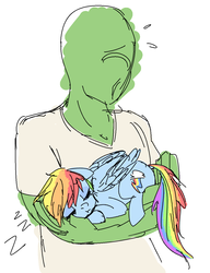 Size: 1024x1331 | Tagged: dead source, safe, artist:nobody, rainbow dash, oc, oc:anon, human, pegasus, pony, g4, clothes, cute, dashabetes, eyes closed, female, holding, holding a pony, human male, male, mare, onomatopoeia, shirt, simple background, sleeping, small pony, sound effects, t-shirt, white background, zzz