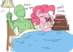 Size: 1342x958 | Tagged: safe, artist:nobody, pinkie pie, oc, oc:anon, earth pony, human, pony, g4, bed, cake, chubby cheeks, duo, duo male and female, female, human oc, male, mare