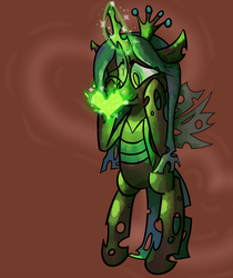 Size: 1010x1200 | Tagged: safe, artist:brownie-bytes, queen chrysalis, changeling, changeling queen, g4, bipedal, crown, female, glowing horn, heart, horn, jewelry, regalia, solo