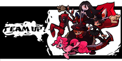 Size: 1500x750 | Tagged: safe, artist:awbt, pinkie pie, g4, adventure time, crossover, deadpool, male, marceline, peacock (skullgirls), pixiv, ruby rose, rwby, skullgirls