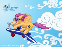 Size: 780x600 | Tagged: safe, artist:texasuberalles, rainbow dash, scootaloo, pegasus, pony, g4, cloud, cloudy, cutie mark, duo, flying, goggles, scootaloo can fly, scootalove, scooter