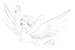 Size: 1001x674 | Tagged: safe, artist:artschmo, derpy hooves, pegasus, pony, g4, female, flying, lineart, mare, monochrome, sketch, solo, spread wings, the equestria games