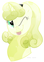 Size: 586x811 | Tagged: safe, artist:faith-wolff, oc, oc only, oc:banana pudding, crystal pony, crystal unicorn, pony, unicorn, bust, crystal pony oc, female, head, horn, one eye closed, solo, tongue out, unicorn oc, wink