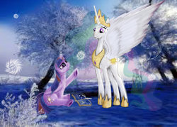 Size: 1280x914 | Tagged: safe, artist:dragontwi, artist:empress-twilight, princess celestia, twilight sparkle, alicorn, deer, pony, g4, duo, duo female, female, mare, off model, twilight sparkle (alicorn), winter