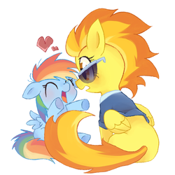 Size: 700x700 | Tagged: safe, artist:masa_0006, rainbow dash, spitfire, pegasus, pony, g4, blushing, cute, cutefire, dashabetes, duo, eyes closed, female, filly, filly rainbow dash, glasses, heart, incoming hug, mare, open mouth, pixiv, simple background, white background, younger