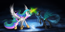 Size: 4000x2000 | Tagged: safe, artist:flamevulture17, princess celestia, queen chrysalis, alicorn, changeling, changeling queen, pony, g4, duo, female, glowing horn, gritted teeth, high res, horn