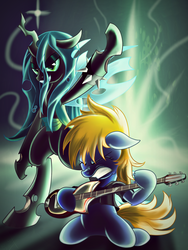 Size: 1500x2000 | Tagged: safe, artist:ruhisu, queen chrysalis, oc, oc:princess pomerania, changeling, changeling queen, earth pony, pony, g4, clothes, concert, duo, electric guitar, female, grimace, guitar, heavy metal, looking at you, music, musical instrument, performance, powerslide, slide, smiling, t-shirt