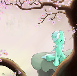 Size: 899x888 | Tagged: safe, artist:sslug, lyra heartstrings, pony, unicorn, g4, cherry blossoms, eyes closed, female, solo, tree