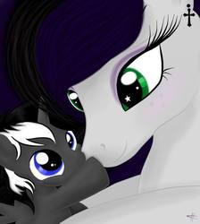 Size: 860x960 | Tagged: safe, artist:helen knowles, oc, oc only, oc:dusk shadow, oc:sweet blasphemy, alicorn, pony, alicorn oc, baby, baby pony, foal, piercing, wingding eyes