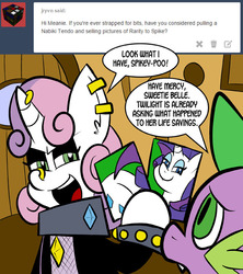 Size: 576x648 | Tagged: safe, artist:pembroke, rarity, spike, sweetie belle, pony, unicorn, g4, butt, meanie belle, plot