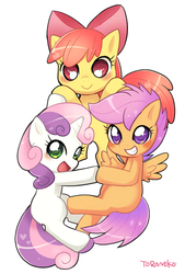 Size: 600x888 | Tagged: safe, artist:toraneko, apple bloom, scootaloo, sweetie belle, earth pony, pegasus, pony, unicorn, g4, adorabloom, blank flank, blushing, cute, cutealoo, cutie mark crusaders, diasweetes, female, filly, open mouth, pixiv