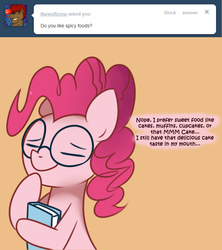 Size: 800x900 | Tagged: safe, artist:solar-slash, pinkie pie, ask pinkie pie solutions, g4, ask, book, eyes closed, female, glasses, solo, tumblr