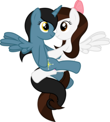 Size: 6400x7118 | Tagged: safe, artist:parclytaxel, oc, oc only, oc:starlight bridge, oc:suskewiet, alicorn, pegasus, pony, .svg available, absurd resolution, alicorn oc, are you frustrated?, bellyrubs, eye contact, female, flying, lesbian, ribbon, simple background, tangled up, transparent background, vector