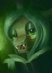 Size: 1240x1754 | Tagged: safe, artist:plainoasis, queen chrysalis, changeling, changeling queen, g4, book, fangs, female, forked tongue, glasses, looking at you, solo, tongue out