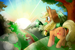 Size: 1500x1000 | Tagged: safe, artist:renokim, applejack, earth pony, pony, g4, crepuscular rays, cute, female, hat, jackabetes, lens flare, open mouth, pixiv, solo, sun, sunrise, tree