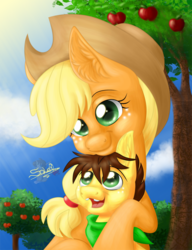 Size: 615x800 | Tagged: safe, artist:unisoleil, applejack, oc, oc:apple fizzy, g4, apple tree, bandana, mother and son, offspring, parent:applejack, parent:unnamed oc, parents:canon x oc, tree