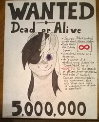 Size: 1432x1766 | Tagged: safe, artist:laughingwolf131, oc, oc only, oc:nate scorpio, alicorn, pony, alicorn oc, eyepatch, smirk, solo, traditional art, wanted poster