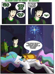 Size: 4961x6649 | Tagged: safe, artist:alexandryuz, princess celestia, human, g4, absurd resolution, comic, cuddling, cute, cutelestia, eyes closed, floppy ears, kneeling, missing accessory, nervous, open mouth, petting, prone, smiling, snuggling, wide eyes