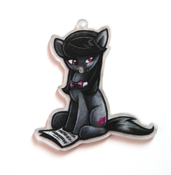 Size: 800x819 | Tagged: dead source, safe, artist:feyrah, octavia melody, earth pony, pony, g4, female, keychain, looking away, looking sideways, necktie, sheet music, sitting, solo, traditional art