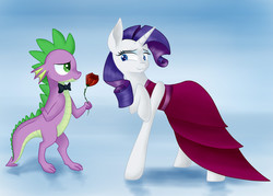 Size: 1050x750 | Tagged: safe, artist:justbrohoof, rarity, spike, g4, bowtie, clothes, date, dress, female, male, rose, ship:sparity, shipping, straight