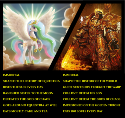 Size: 830x780 | Tagged: safe, artist:br0ny, princess celestia, alicorn, pony, g4, comparison, female, flaming sword, god-emperor of mankind, inaccurate, male, mare, meme, sword, the emperor of mankind, warhammer (game), warhammer 40k, weapon