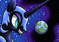 Size: 1754x1240 | Tagged: safe, artist:rambopvp, nightmare moon, pony, g4, equestria, female, giant pony, macro, planet, pony bigger than a planet, solo