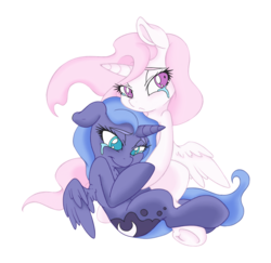 Size: 2000x1946 | Tagged: safe, artist:dfectivedvice, artist:dragonfoorm, princess celestia, princess luna, g4, cewestia, crying, cute, filly, simple background, smiling, transparent background, woona, younger