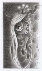Size: 900x1511 | Tagged: safe, artist:deathcutlet, queen chrysalis, changeling, changeling queen, g4, bust, female, looking at you, monochrome, pencil drawing, portrait, solo, traditional art