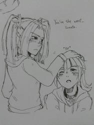 Size: 960x1280 | Tagged: safe, artist:maesawa, aria blaze, sonata dusk, equestria girls, g4, dialogue, monochrome, petting, ship:arisona, shipping, traditional art, tsundaria, tsundere