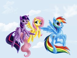 Size: 1200x900 | Tagged: safe, artist:amy2sa-fan, fluttershy, rainbow dash, twilight sparkle, alicorn, pony, g4, female, flying, mare, twilight sparkle (alicorn)