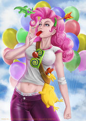 Size: 2059x2912 | Tagged: safe, artist:arrietart, boneless, gummy, pinkie pie, human, g4, balloon, belly button, breasts, busty pinkie pie, female, high res, humanized, lollipop, midriff, watermark