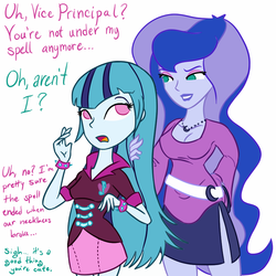 Size: 800x800 | Tagged: safe, artist:wryte, princess luna, sonata dusk, vice principal luna, equestria girls, g4, alternate hairstyle, bedroom eyes, cleavage, colored, dialogue, female, lesbian, loose hair, moonlight sonata, shipping