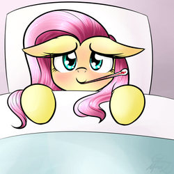 Size: 750x750 | Tagged: safe, artist:cosmalumi, fluttershy, pony, g4, backwards thermometer, bed, blanket, blushing, bust, cute, female, floppy ears, looking at you, mare, mouth hold, sick, smiling, solo, thermometer