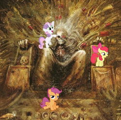 Size: 604x598 | Tagged: safe, artist:john blanche, apple bloom, scootaloo, sweetie belle, earth pony, human, pegasus, pony, unicorn, g4, bipedal, cutie mark crusaders, female, filly, frown, glare, god-emperor of mankind, gritted teeth, life support, open mouth, photoshop, sitting, slapped on ponies, smiling, this will end in tears and/or death, this will end in warp storms, warhammer (game), warhammer 40k