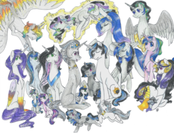 Size: 1024x792 | Tagged: safe, artist:fountainstranger, oc, oc only, oc:prince adonis, oc:prince borealis, oc:prince eclipse, oc:prince equinox, oc:prince northern lights, oc:prince silver eclipse, oc:prince solar eclipse, oc:princess amara, oc:princess amity, oc:princess aria, oc:princess aurora, oc:princess daybreak, oc:princess elipsa, oc:princess lumina, oc:princess penumbra, oc:princess shimmer dusk, colored wings, group, multicolored hair, multicolored wings, offspring, parent:good king sombra, parent:king sombra, parent:princess celestia, parents:celestibra