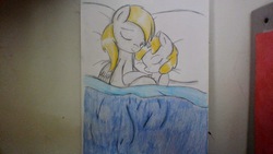 Size: 1044x587 | Tagged: safe, artist:crimsion ink, derpy hooves, dinky hooves, pegasus, pony, g4, bed, cute, equestria's best mother, female, goodnight, mare, mother and daughter, one eye closed, sleeping, smiling