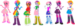 Size: 1524x588 | Tagged: safe, artist:suzukipot, cheerilee (g3), pinkie pie (g3), rainbow dash (g3), scootaloo (g3), starsong, sweetie belle (g3), toola-roola, human, equestria girls, g3, g4, boots, cheerilee's boots, clothes, core seven, cowboy boots, eqg promo pose set, equestria girls-ified, female, g3 to equestria girls, g3 to g4, generation leap, humanized, rainbow socks, shoes, socks, striped socks