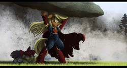 Size: 2500x1353 | Tagged: safe, artist:ncmares, apple bloom, applejack, sweetie belle, earth pony, pony, unicorn, g4, app-el, apple sisters, badass, bipedal, carrying, cowering, crying, female, filly, floppy ears, foal, glare, hilarious in hindsight, letterboxing, lifting, mare, marvel, messy mane, one eye closed, open mouth, prone, rock, siblings, sisters, strong, stronk, superman, supermare, wide eyes, wink
