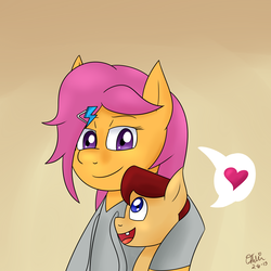 Size: 2000x2000 | Tagged: safe, artist:opheliathepainter, scootaloo, oc, oc:lightning blitz, pegasus, pony, g4, baby, baby pony, clothes, colt, heart, high res, hoodie, male, mother and son, motherly scootaloo, offspring, parent:rain catcher, parent:scootaloo, parents:catcherloo, teenager, tooth