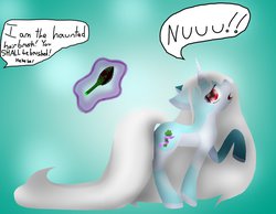 Size: 1013x788 | Tagged: dead source, safe, artist:princesssunset, oc, oc only, oc:celery, ghost, pony, unicorn, albino, brush, brushie, cute, floppy ears, haunted, impossibly long hair, impossibly long tail, long mane, long tail, magic, nu, open mouth, raised hoof, telekinesis