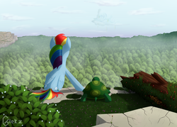 Size: 1900x1362 | Tagged: safe, artist:galekz, rainbow dash, tank, pegasus, pony, tortoise, g4, bush, face not visible, female, forest, mare, scenery, sitting, tree