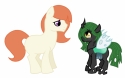 Size: 1280x800 | Tagged: safe, artist:unoriginai, oc, oc only, oc:prince dawn, oc:princess larva, changeling, changeling queen, earth pony, pony, blank flank, changeling queen oc, female, magical lesbian spawn, male, oc x oc, offspring, offspring shipping, parent:princess celestia, parent:queen chrysalis, parent:twilight sparkle, parent:unnamed oc, parents:canon x oc, parents:twilestia, shipping, simple background, straight, white background