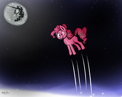 Size: 1280x1024 | Tagged: safe, artist:wolfun, pinkie pie, g4, female, jumping, moon, solo, space, stars