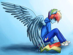 Size: 1300x975 | Tagged: dead source, safe, artist:creytor, rainbow dash, human, g4, backwards cutie mark, eared humanization, humanized, male, pony coloring, rainbow blitz, rule 63, solo, tailed humanization, winged humanization