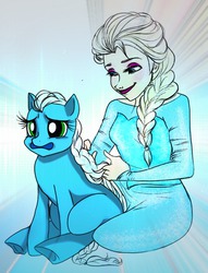 Size: 727x952 | Tagged: safe, artist:eviesketchy, earth pony, human, pony, concerned pony, crossover, disney, elsa, female, frozen (movie), mare