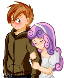 Size: 2463x2980 | Tagged: safe, artist:artartzy, button mash, sweetie belle, human, g4, blushing, female, high res, humanized, male, older, ship:sweetiemash, shipping, straight