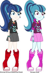 Size: 1000x1571 | Tagged: safe, artist:alkonium, artist:mit-boy, shining armor, sonata dusk, equestria girls, g4, clothes, comparison, duo, gleaming shield, high ponytail, light skin, long hair, ponytail, rule 63, shining sonata, simple background, skirt, transparent background, vector